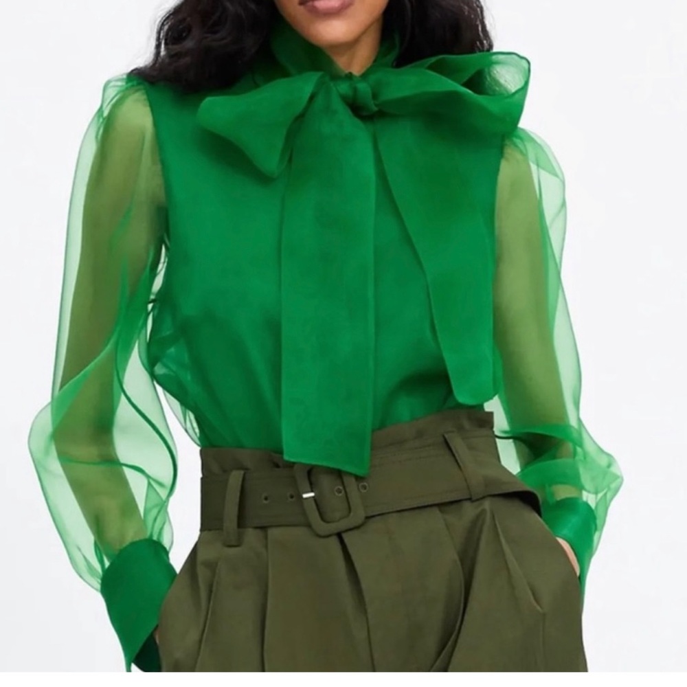 Zara Semi-sheer Organza blouse with bow - Green Size Large